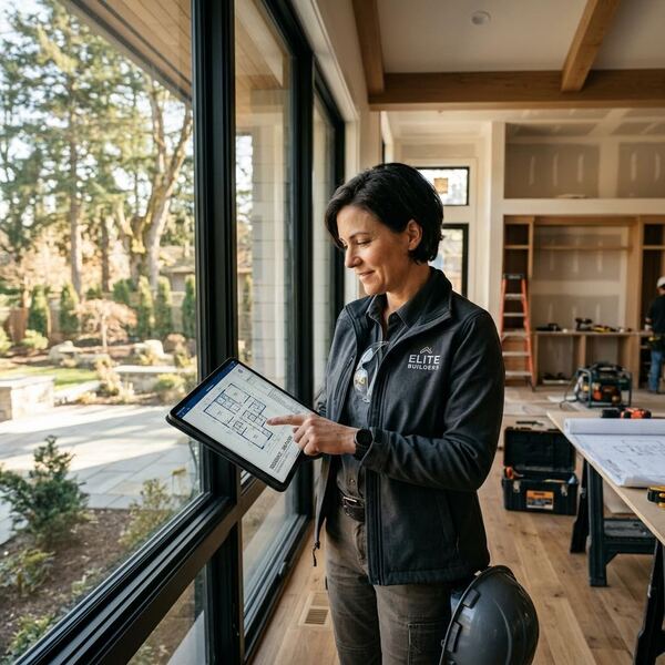 Professional reviewing plans on tablet at job site